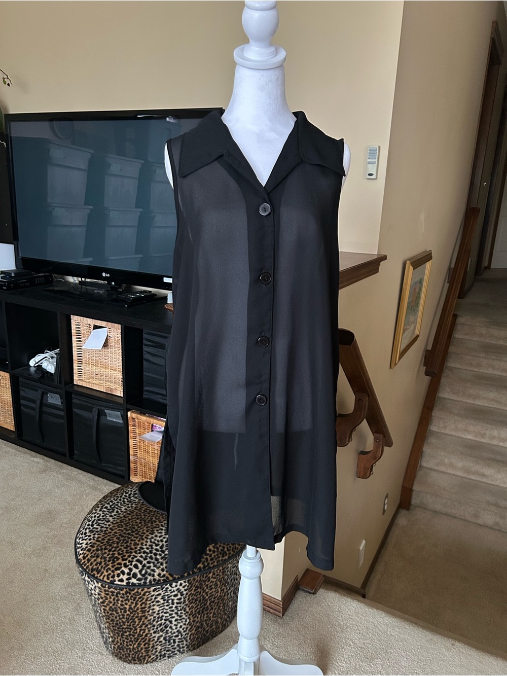Vintage Y2K Sheer Black Sleeveless Button-Up Tunic/ Sleeveless Top